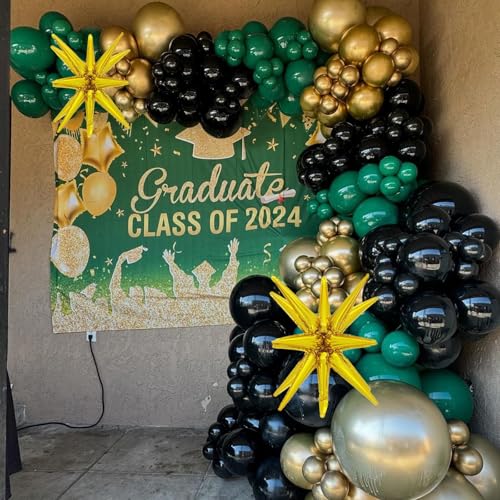 Image of Dark Green and Black Balloon Arch Kit with Explosion Star Balloons, 123pcs Emerald Green and Confetti Gold Balloon Garland for Birthday Anniversary Bachelorette Grad Father's Day Party Decorations