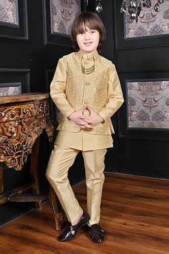 Image of AHHAAAA Kids Ethnic Bollywood Style Sherwani Waistcoat Kurta and Pyjama with Moti Mala for Boys