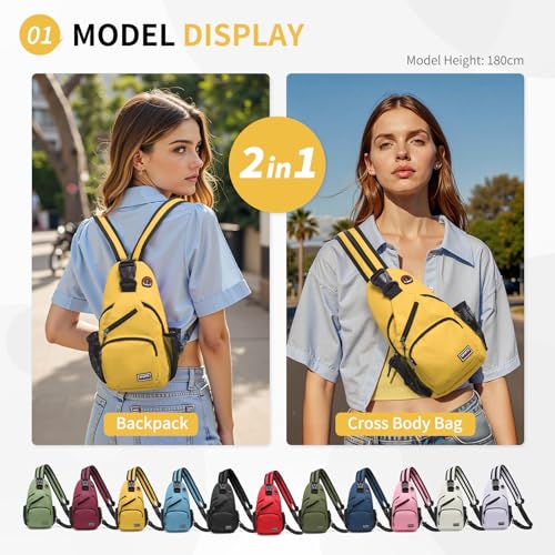 Image of Convertible Sling Bags for Women Men, Lightweight Crossbody Backpack Daypack Fit for 7.9 inch Tablet for Casual Travel Sport Hiking (Yellow)