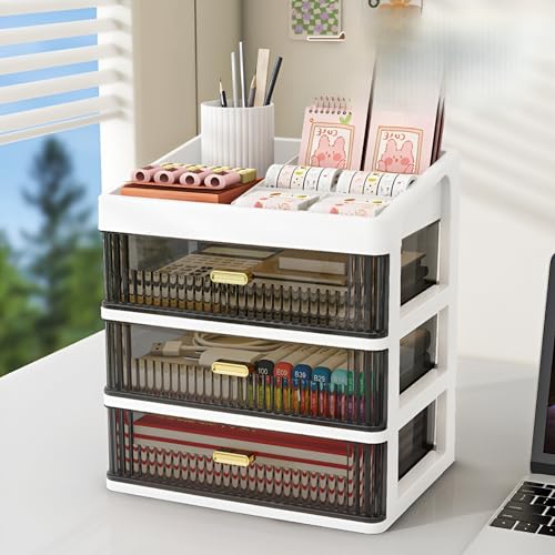 Image of HoopVool Desk Makeup Organizer, Plastic Storage Box with Sliding Drawer, Stylish Display Case for Cosmetics, Lotion, Nail Polish,Brushes,and Jewelry (3 - Layer, Cream)