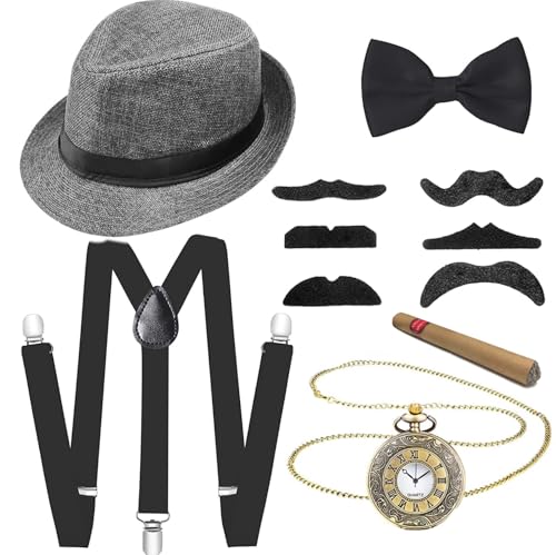 Meiruier Accessori per travestimento da uomo anni '20, Mafia Gatsby, Gangster, set anni '20, gangster, kit per balli studenteschi, eventi e gangster, Halloween (nero), Taglia unica
