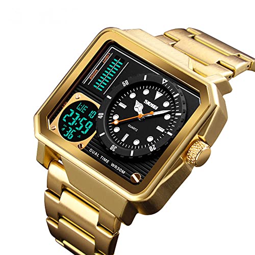 Men's Square Large Face Stainless Steel Digital Sports Watch, Led Analog Quartz Wrist Watch With Multi-Time Zone Waterproof Stopwatch (Gold) #TOP3
