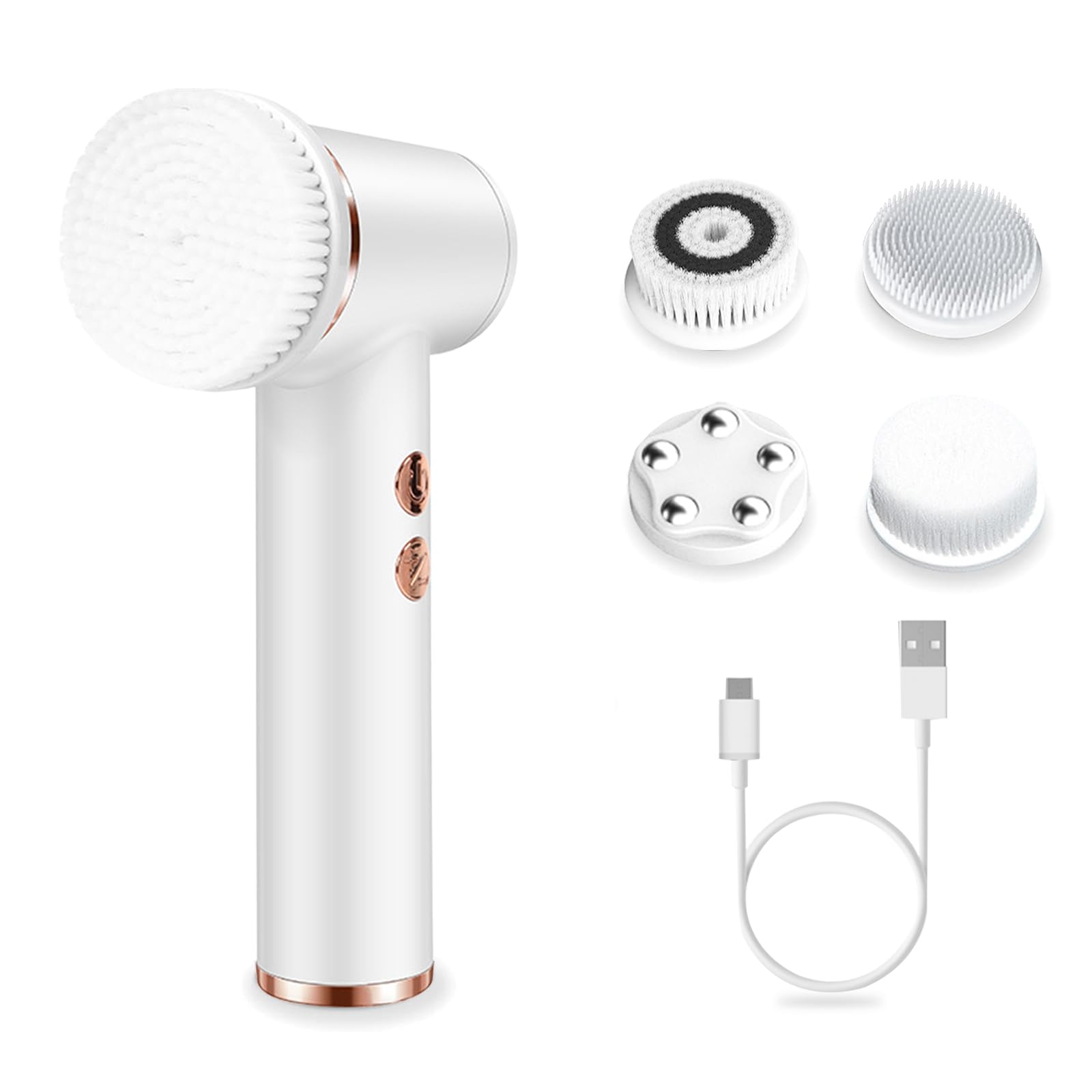 Elektrische Gesichtsreinigungsbürste mit 4 Bürstenköpfen & 5 Geschwindigkeiten – IPX6 wasserdicht, Typ-C Schnellladung – für Tiefenreinigung, Peeling, Porenminimierung & Make-up-Entfernung (Weiß)