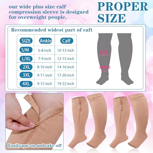 Image of Hillban 2 Pair 15 - 25 Mmhg Wide Plus Size Calf Zipper up Compression Socks for Women Men(3 XL,Nude)