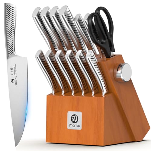 Image of imarku Knife Set, 14 Piece Premium Kitchen Knife Block Set, Razor Sharp Japanese Chef Knives Set for Kitchen with Built-in Sharpener, Dishwasher Safe & Quality Acacia Wood Block, Gift for Women