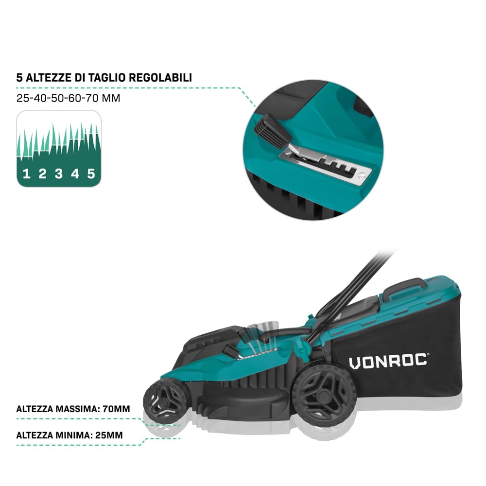 VONROC Kosiarka elektryczna1600 W – 38 cm, 5 regulowanych wysokości, kosz 42 l, mocny i cichy silnik, idealny do gęstej i ciężkiej trawy, ergonomiczny kształt i łatwe przechowywanie