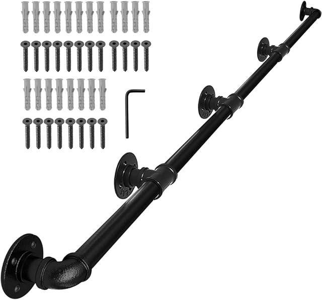 FSHIHINE Stair Handrail, 4.6m Handrails for Stairs Indoor & Outdoor Wall Mount Grab Bar Railing Support Kit, Heavy Duty Balustrades Staircase for Steps Deck Rail Industrial Galvanized Black Metal Pipe