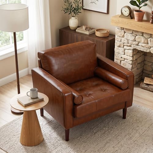 Image of Faux Leahter Accent Chairs Stet of 2, Comfy Upholstered Armchairs for Living Room, Modern Bedroom Reading Seat with 2 Bolster Pillows, Brown