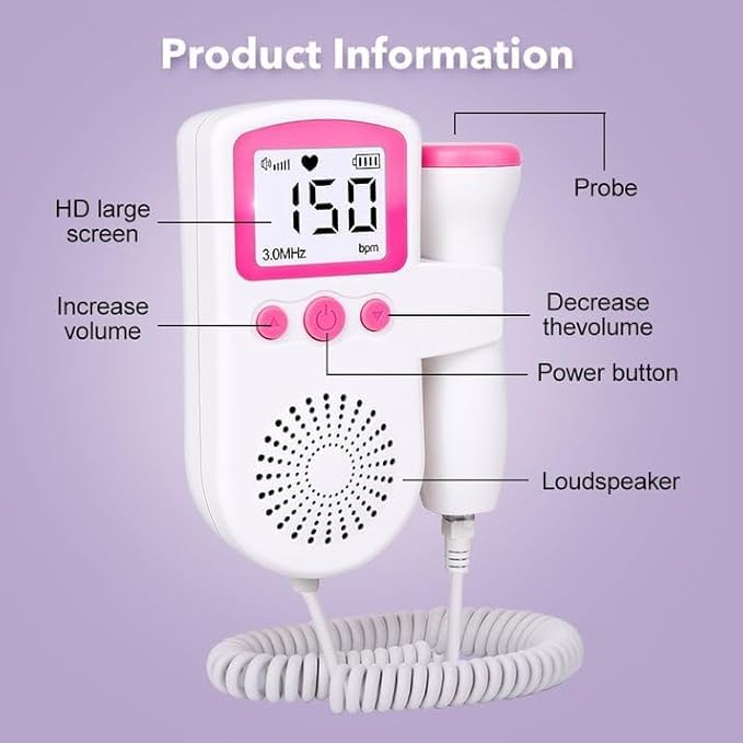 Image of Portable Fetal Doppler Heart Rate Monitor Home Baby Fetal Heart Doppler Your Portable Pregnancy Companion with 50-230M Measuring Hz, LCD Display, and Pocket Size Monitor for Pregnancy - (Pink)