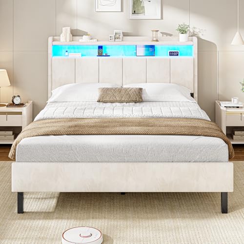 AOGLLATI Lit Capitonné 140x190 avec LED & Multiprise,Velours Beige | Lit 140 x 190 avec Sommier Bois,Lit double avec Rangement & Station de Recharge,Tête de Lit Rembourrée
