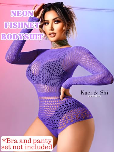 Image of Kaei&Shi Sexy Hollow Rave Outfits, Fishnet Bodysuit Fits US Women Sizes 0-18, Sheer Lace Glow Party Tops Festival Mesh