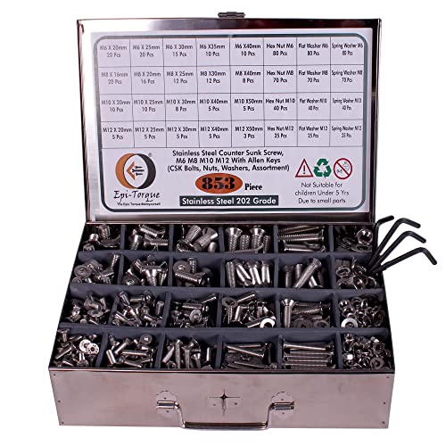 Image of Epi-Torque Metric M6 M8 M10 M12 Stainless Alloy Steel 202 Grade Counter Sunk Screws Nuts CSK Bolt Washer with Allen Keys Assortment Kit Set with SS Box 853 Pcs Pack