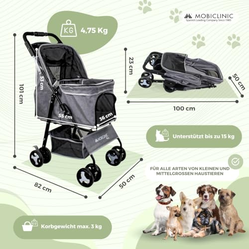 Mobiclinic® pets, Faltbarer hundewagen, Bis zu 15 kg, Ideal für kleine hunde, Zuma, Räder mit 360°-bremsen, Xxl-korb, 3 fenster reißverschluss und moskitonetz, Becherhalter, Grau