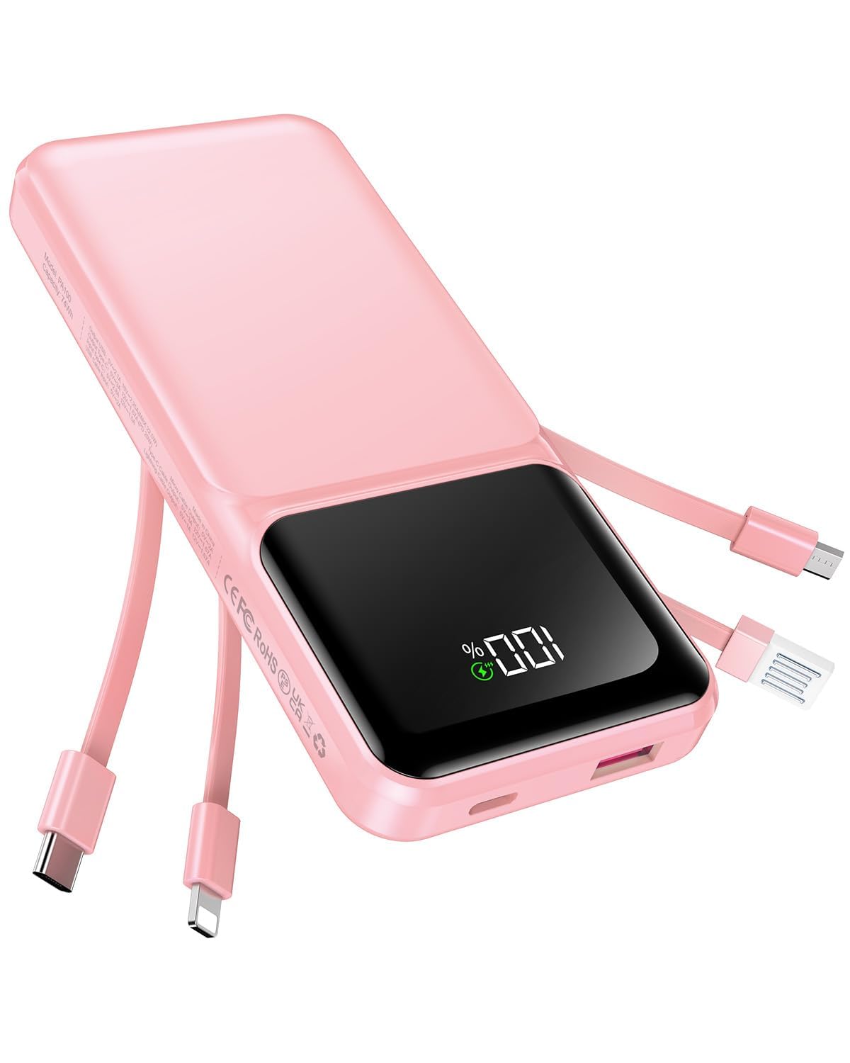Portable Charger with Built in Cable - 20000mAh Fast Charging Slim 22 5W Power Bank USB C LED