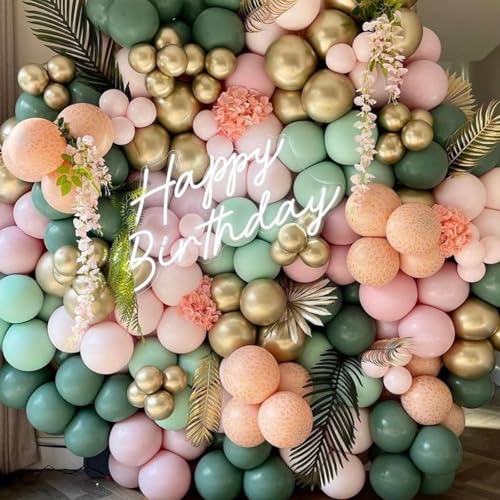 Image of PartyWoo Pink and Green Balloon Arch Kit Garland 140pcs Different Sizes of 18 12 10 5 Inch Metallic Gold Baby Pink Sage Green Sand White Nude Gold Confetti Balloons for Birthday Party Decorations