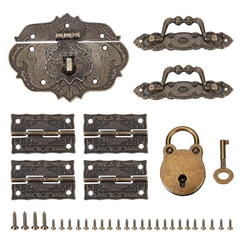 NICENEEDED 1 Set Jewelry Box Hinges Hasp Catch Handles Lock, Retro Engraved Decorative Hardware Kit with Screws