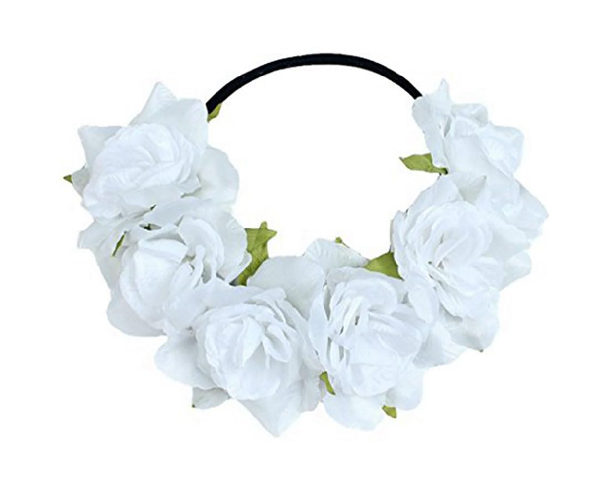 Women's Simulated Rose Flower Headband for Independence Day Halloween Wreath Elastic Hairband Rainbow Headband Holiday Corolla Headpiece (White)
