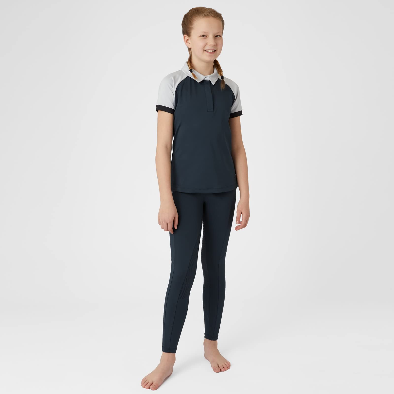 HORZE Laura Kids' Equestrian Moisture Wicking Short Sleeve Training Shirt with Mesh - Obscure Night Blue/Pebble Grey - L