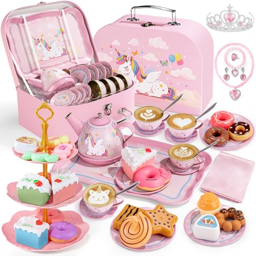Image of Tea Party Set for Little Girls, 49PCS Princess Tea Time Toys Including Tea Set Dessert Carrying Case, Toddler Girl Toys Kids Kitchen Pretend Playset, 3 - 8 Year Old Girl Birthday Children's Day Gifts