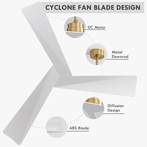 Miniatura 5 de WINGBO Ventilador de techo CC de 52 pulgadas sin luces, ventilador de techo de latón y blanco con control remoto, 3 cuchillas de plástico ABS, motor