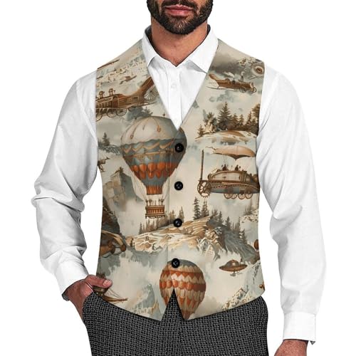 Steampunk Airships Air Balloons Novelty Men's Suit Vest Funny Formal Dress Vests Business Waistcoat