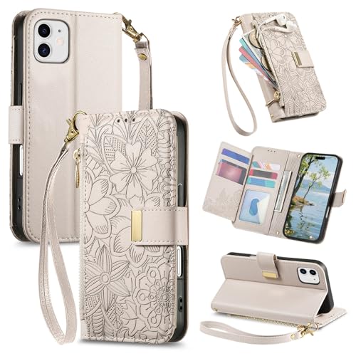 VEEMOS Phone Case for Apple iPhone 11 Case with Zip Wallet Purse Card Holder Slot Embossed Flower Design Folding Flip Cover Leather Stand Lanyard Wrist Strap Women - Grey