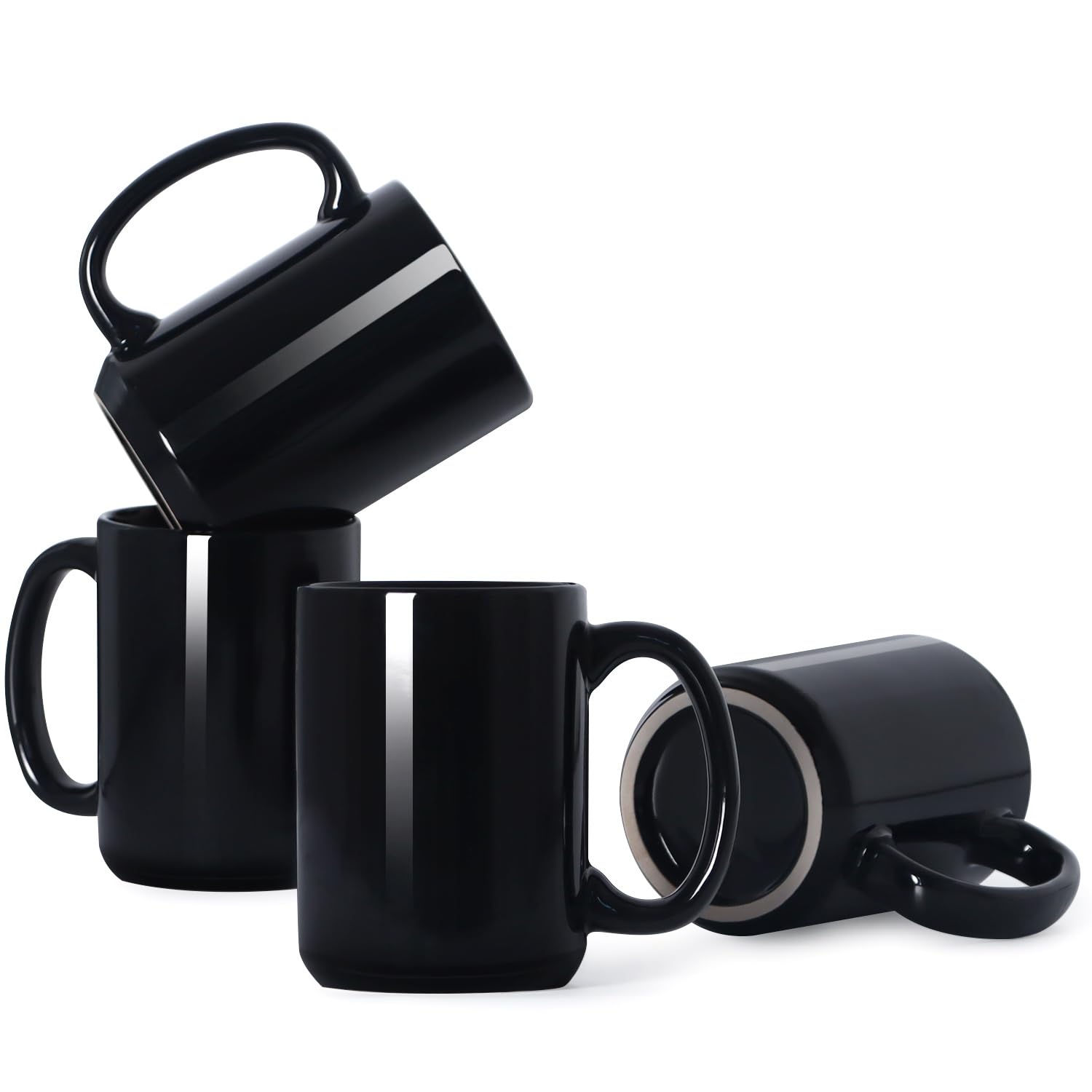 Smilatte 450ml Porcelain Coffee Mugs, Classic Blank Ceramic Cup with Large Handle for Tea Latte Cappuccino Set of 4, Blck