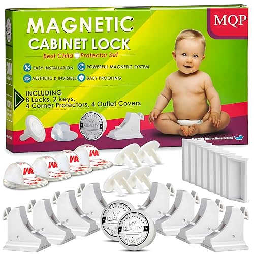 8 Pack Magnetic Cabinet Locks Baby Proofing Kit - MQP Child Proof Cabinet Locks, Baby Proof Drawer Locks, Child Locks for Cabinets and Drawers, Corners Protectors, Outlet Covers, Easy to Install.