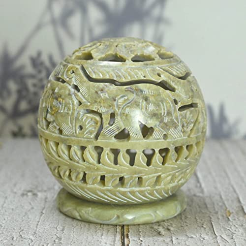 Elephant Carved Soapstone Tea Light or Incense Burner - Ring of Elephants.- Housewarming GiftTealight Candle Holder Soapstone/Gift for Loved Ones/Home/Office Decor (Elephant)- 4 inch