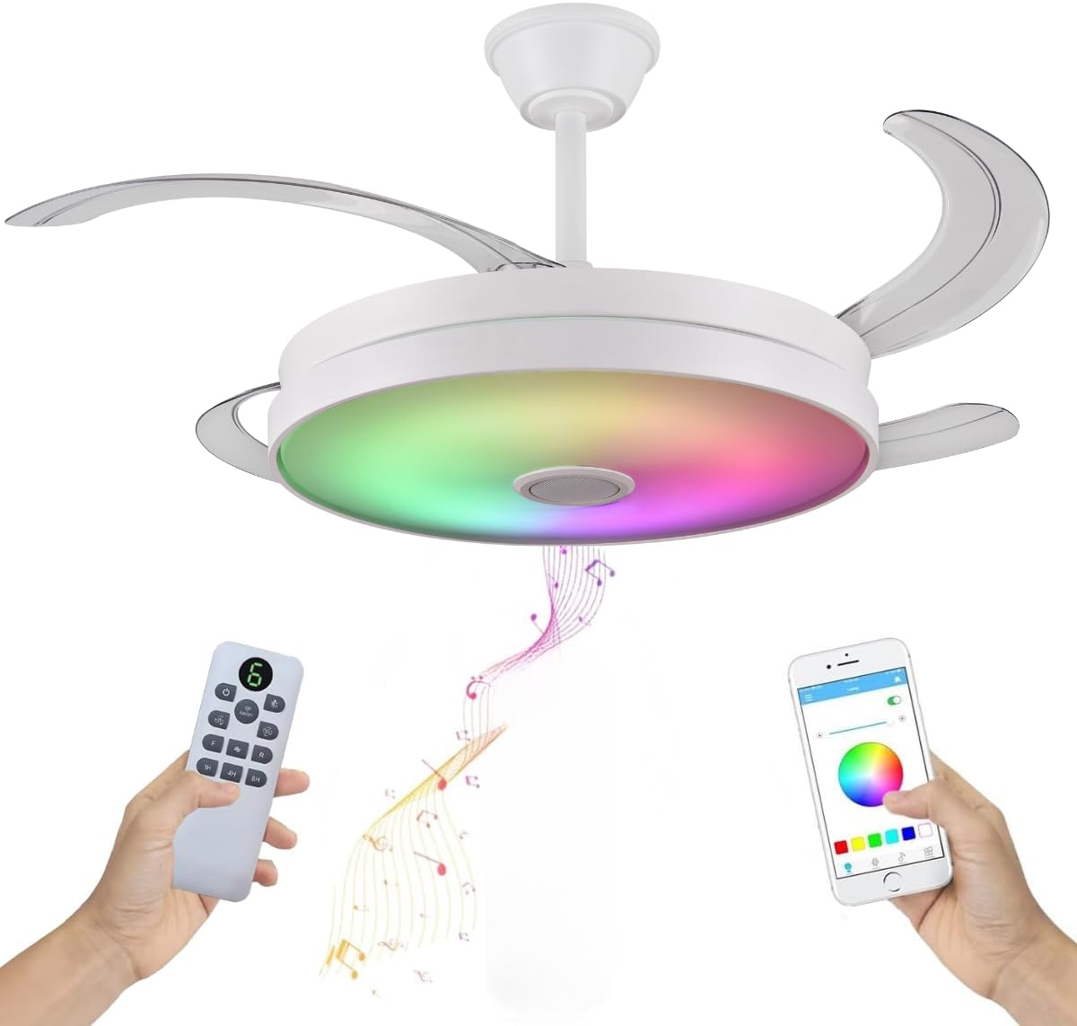 LUMIKING Ventilador de Techo RGB con Bluetooth - 108 cm de Ancho con Aspas Retráctiles, Música y Luz LED - Silencioso con Lámpara y Moderno Multifunción con Mando a Distancia y APP