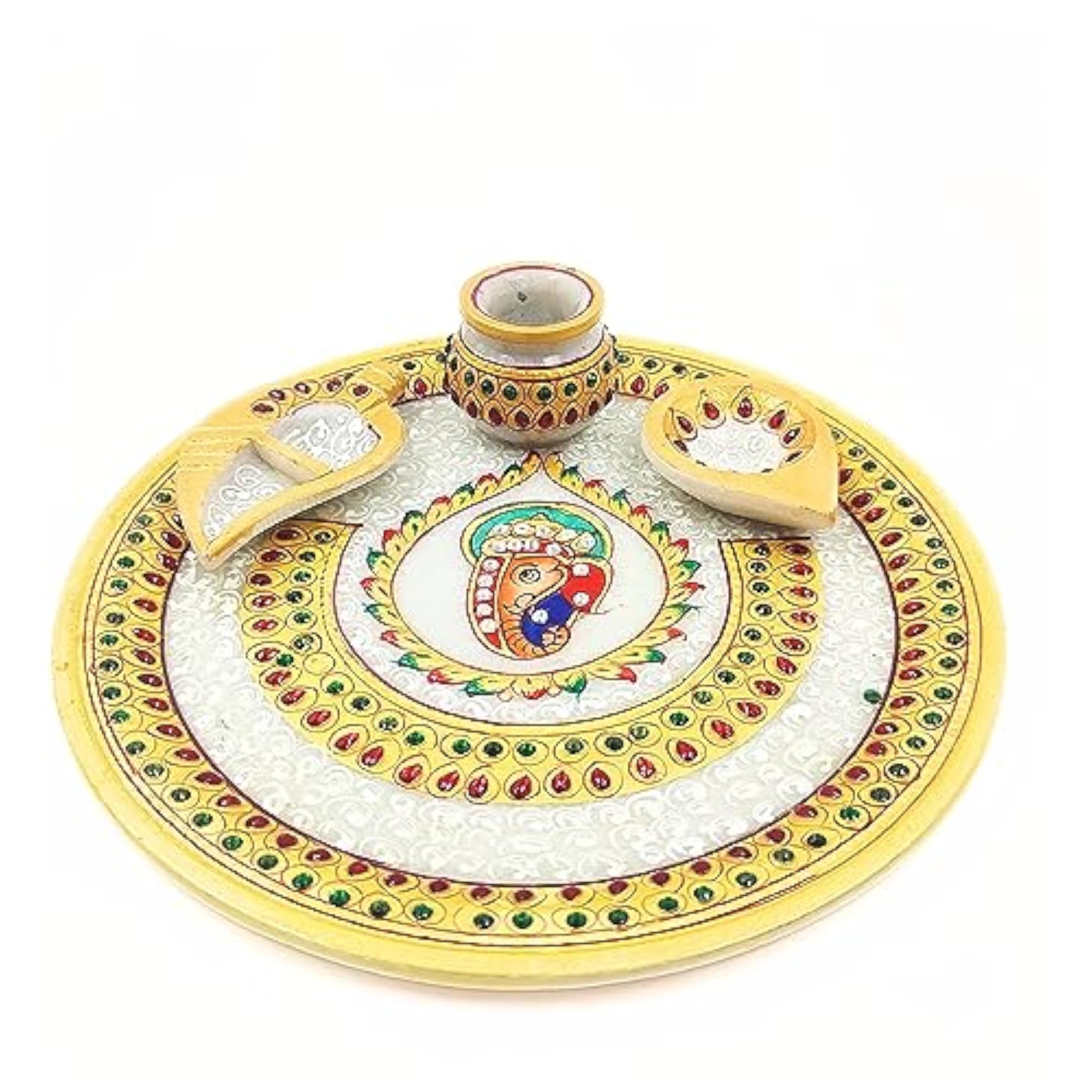 9 Inch Yellow Ganesh Thali, Decorative Pooja Plate