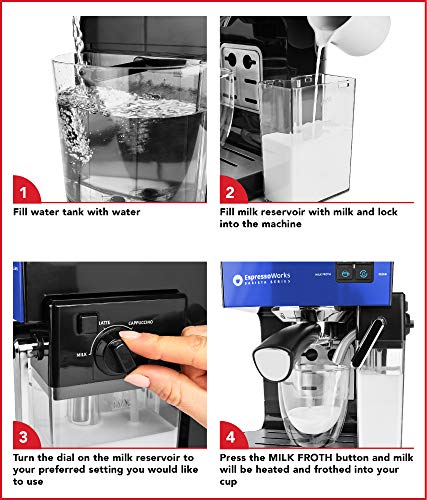 Espresso Machine & Cappuccino Maker-19 Bar Pump, 10Pc Allinone Espresso Maker & Milk Steamer W/Bean Grinder, 2 Cappuccino & 2 Expresso Cups, Tamper, Single & Double Shot Filter Baskets, 1250W, (Blue) #TOP5