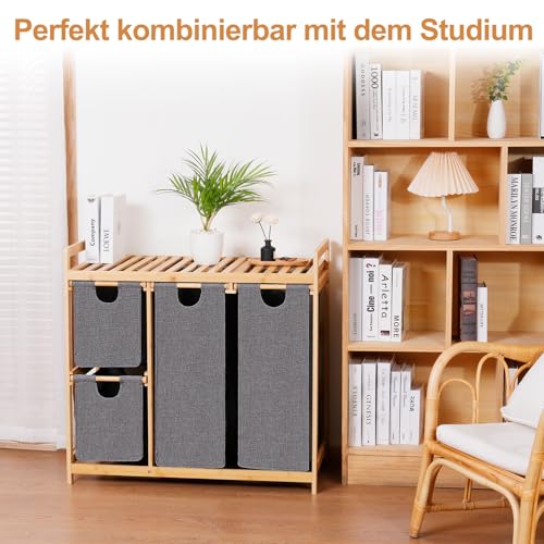 iEGrow Wäschekorb 4 Fächer 150L, Wäschesammler 4 Fächer, Bambus Wäschewagen mit Ablage für Schmutzwäsche, Push-Pull Wäschesack aus Oxford-Gewebe, 2 x 50 L, 2 x 25L Grau Wäschebox