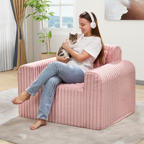 Image of Hobestluk Single Sofa Foam Couch Sofa for Small Spaces Comfy Sofas with Removable Cover Furry Couch with Pillows for Living Room, Bedroom, Apartment, Office (Pink, Standard)