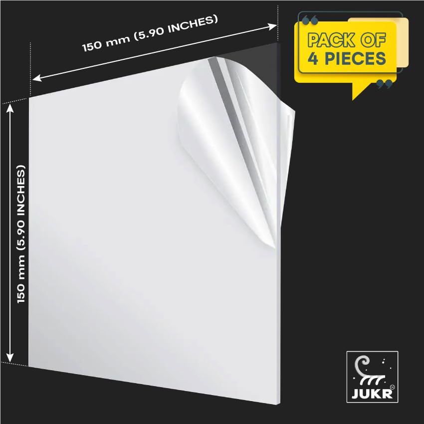 JUKR Transparent Acrylic Sheets 6 x 6 Inch (150 x 150 mm) 3 mm Thickness Laser Cut Square Plexiglass Clear Acrylic Sheet Board for Glass Art Painting, DIY Crafts Projects, Photo Frames (Pack of 4) 3
