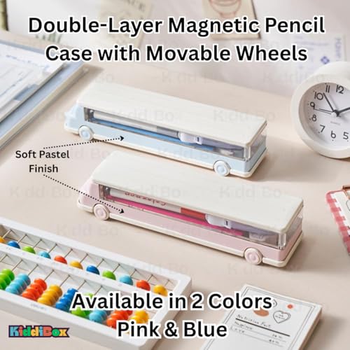 Image of KiddiBox Magnetic Pencil Box, Bus Themed Luxury Pencil Case for Kids - Stationary Organizer Pencil Box for Girls, Boys, Pencil Box for Boy & Girl, Magnetic, Return Gift for Kid Pink (Pack of 1)