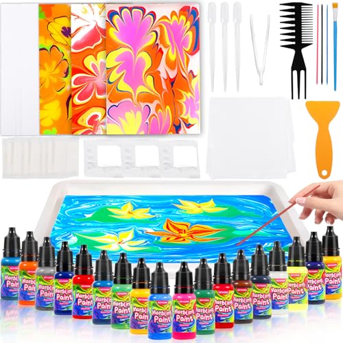 Frasheng Pintura de mármol de agua, 18 Colores Kit Arcoíris de Arte Marmolado, Pintar Juegos para Niños, Marbling Painting Kit para Actividades Infantiles Cumpleaños Regalos Niñas Niños 4-12 Años