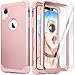 IDweel iPhone XR Case with Tempered Glass Screen Protector, iPhone XR Case for Women, 3 in 1 Shockproof Slim Hybrid Heavy Duty Hard PC Cover Soft Silicone Bumper Full Body Case, Rose Gold