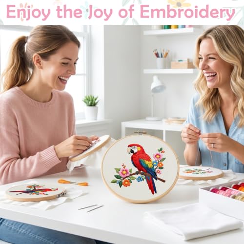 Image of Nuberlic Parrot Embroidery Kit for Beginners, Animal Cross Stitch Kit | Includes Printed Fabric, Hoop, Threads, Needles And Guide; Colorful Parrot Design For DIY Wall Decor, Gifts And Relaxing Art