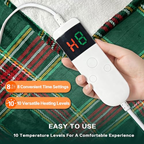 Image of Electric Blanket Heated Twin, Soft Flannel 62 inchx84 inch Plaid Heating Blanket with 8 Hours Auto Off 10 Fast Heating Levels Machine Washable Sherpa Heated Blanket with Overheating Protection