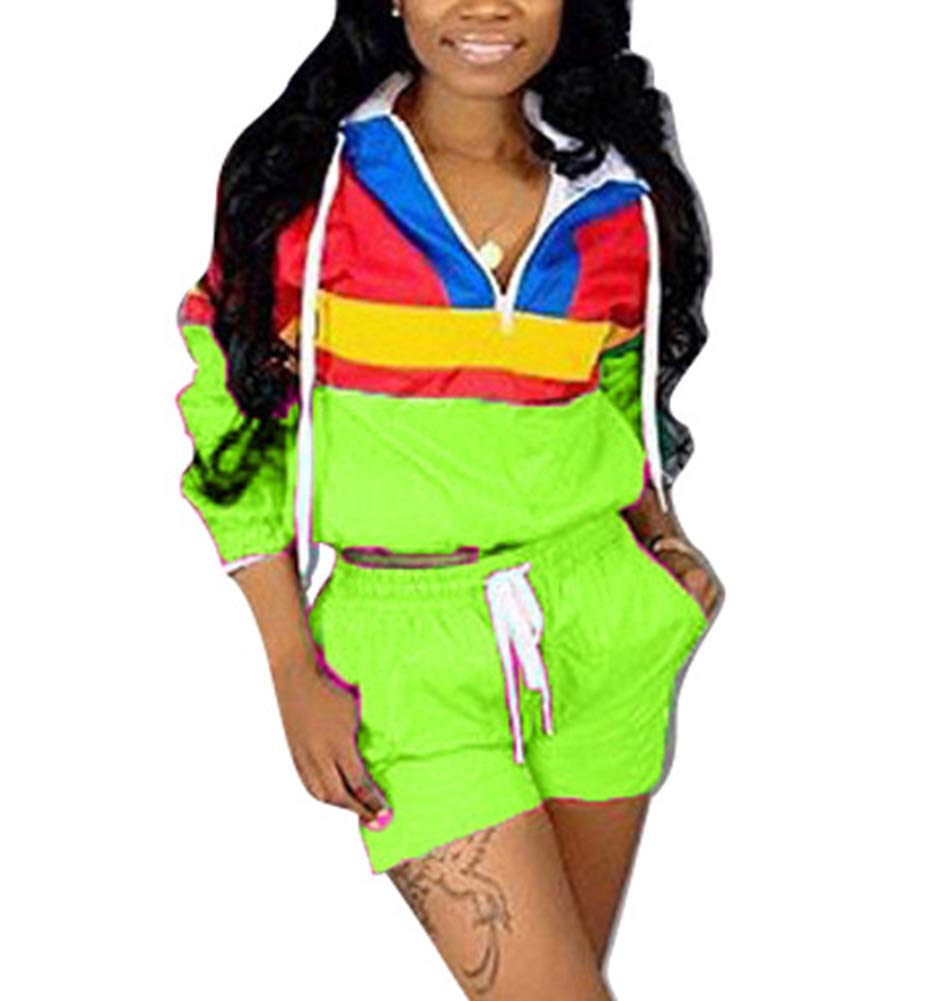 VOIKERDR Women 2 Piece Outfits Tracksuit Jumpsuits Lightweight Windbreaker Pullover Jacket Crop Top Pants Set, 71ygreen, Large