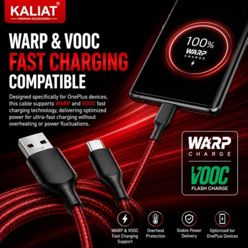 Image of Type C Cable Fast Charging | Warp /Dash Charge Compatible with All OnePlus & Type C Devices | USB A to Type C Cable | Fast Data Sync & Smart Protection Chip for Safe Power Control (RED -100W, Braided)