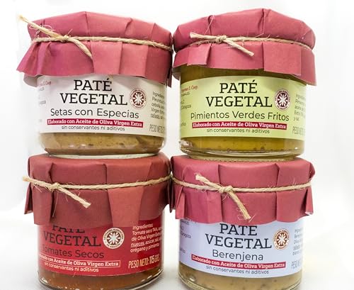 PACK 4 UNIDADES VARIADAS PATÉ VEGETAL DE Setas con Especias Pimientos Verdes Fritos Tomates Secos y Berenjena 100% VEGANO Elaborado con Aceite de Oliva Virgen Extra