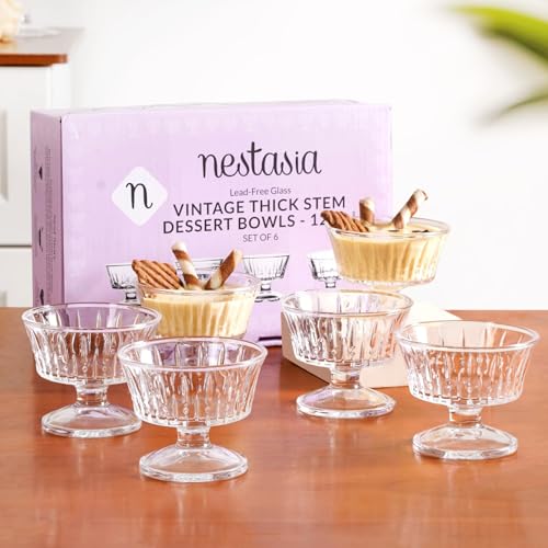 Image of Nestasia Transparent Glass Bowl Set of 6 for Ice Cream (120ml Each) - Embossed Dessert Bowls for Sundae, Sweets & Pudding | Food Safe & Heat Resistant - Perfect for Gifting