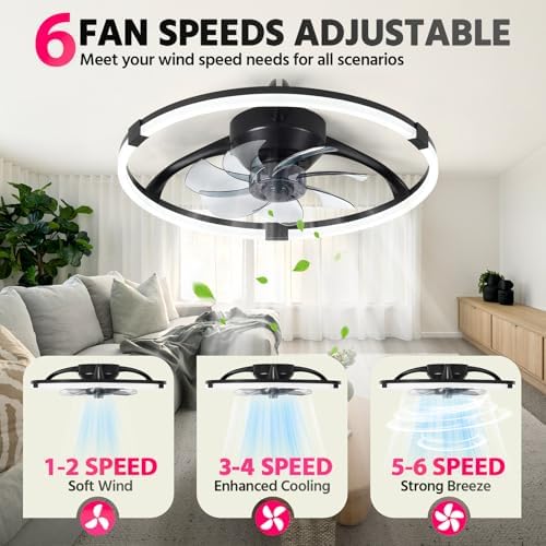 Lujeet Low Profile Ceiling Fan with Light for Bedroom, Flush Mount Ceiling Fans with Lights and Remote, 19.7'' Modern LED Ceiling Fan, 3000K–6000K Dimmable, 6 Speeds - 2