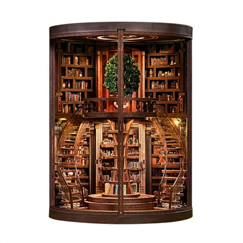 Kit de rincón de libros de bricolaje – Inserto de estantería en miniatura de madera 3D con luz LED, rompecabezas temático de librería para adultos, decoración creativa de mini estantería y regalo para