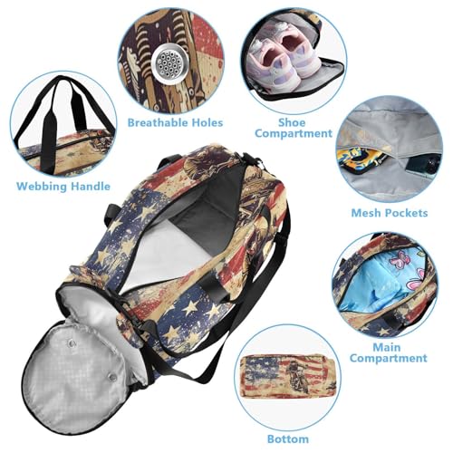 YETTASBIN Sport Travel Duffel Bag for Girls Boys, American Flag Large Waterproof Weekender Overnight Bag, Detachable Shoulder Strap Gym Bag with Shoe Compartment & Wet Pocket4