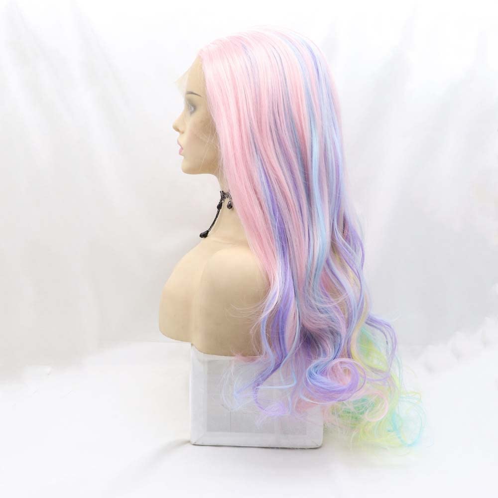 Kalisa Ombre Pink Mixed Color Lace Front Wig Long Wavy Pink Purple Green Blue Yellow Rainbow Wig Free Part Synthetic Wig Heat Resistant Fiber Daily Makeup Wigs for Women 24 Inches