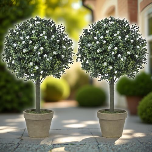 AllE quip Buchsbaum Künstlich 60 cm hoch Kunststoffpflanze UV-beständig für alle Innenräume, für Büros, Wohnzimmer, Terrasse, Vorgarten, Schlafzimmer und Garten, 2 Stück