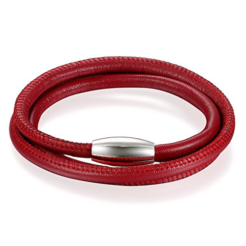 Flongo Men's Womens Simple Red Leather Strap Multi-Strands Magnetic Clasp Cuff Bracelet, Leather Rope Bangle Wristband